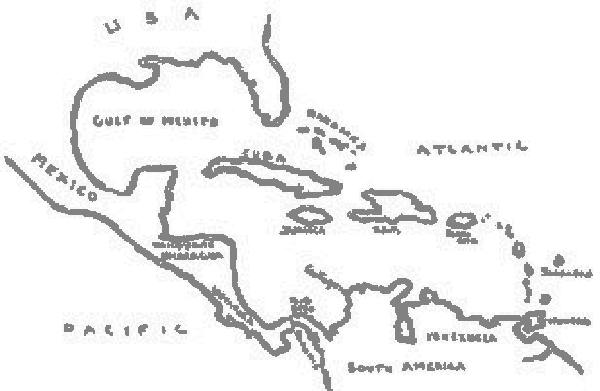 Mapa del Caribe con el golfo de México, Cuba, las Antillas, Centroamérica y el norte de Sudamérica
