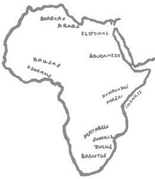 Mapa de África con los nombres de varias tribus: bereberes, árabes, egipcios, sudaneses, hausas, ashantis, masáis, suajilis, matabeles, suazis, zulúes y basutos