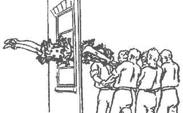 Un payaso salta de cabeza a través de una ventana pintada en un telón, mientras unos compañeros lo esperan al otro lado