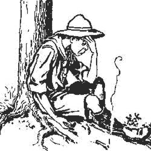 Un scout mareado, sentado al pie de un árbol, se sujeta la cabeza junto a una pipa humeante