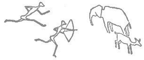 Dibujos rupestres de cazadores con arco y de animales