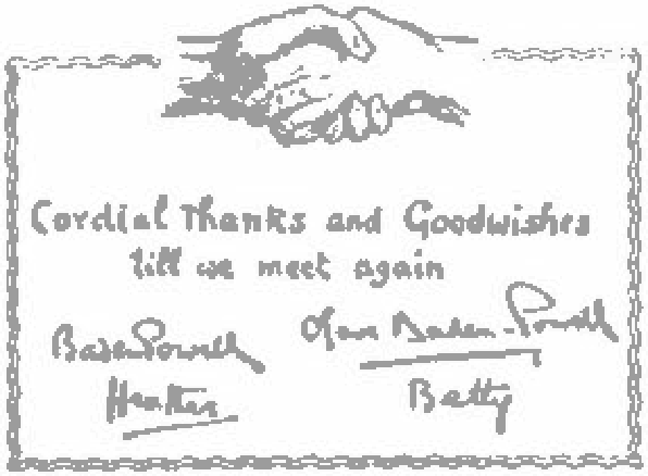 Tarjeta de despedida con dos manos que se estrechan y las firmas de la familia Baden-Powell