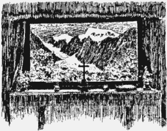 Altar de una iglesia con un ventanal por el que se ven las montañas y el glaciar