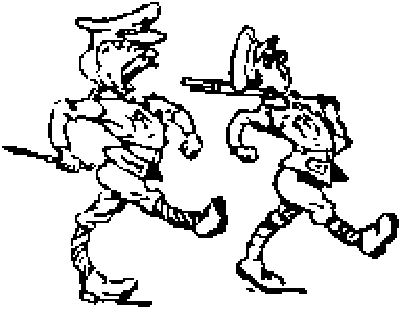 Caricatura de un soldado con fusil y bayoneta que desfila junto a un muchacho armado del mismo modo