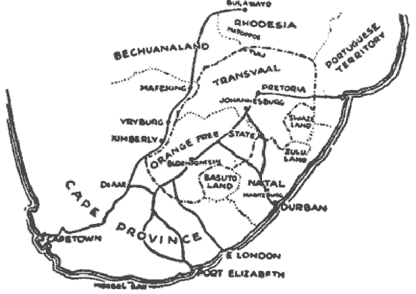 Mapa del sur de África con Mafeking, Kimberley, el Transvaal y la provincia del Cabo