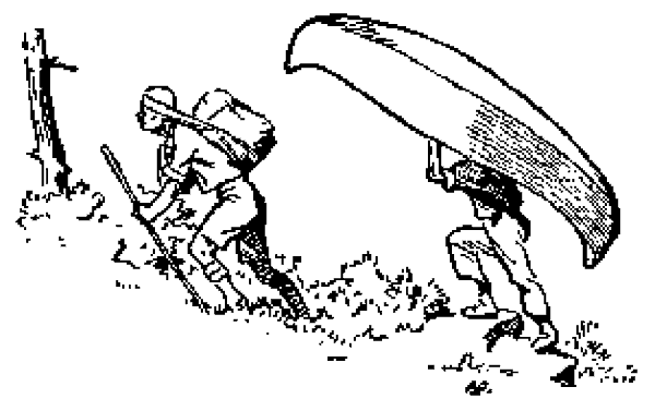 Dos scouts suben una cuesta cargando con su equipo y con una canoa