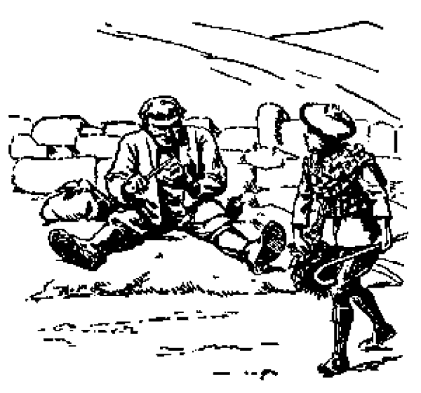 Un muchacho pasa junto a un vagabundo que come sentado al pie de un muro de piedra