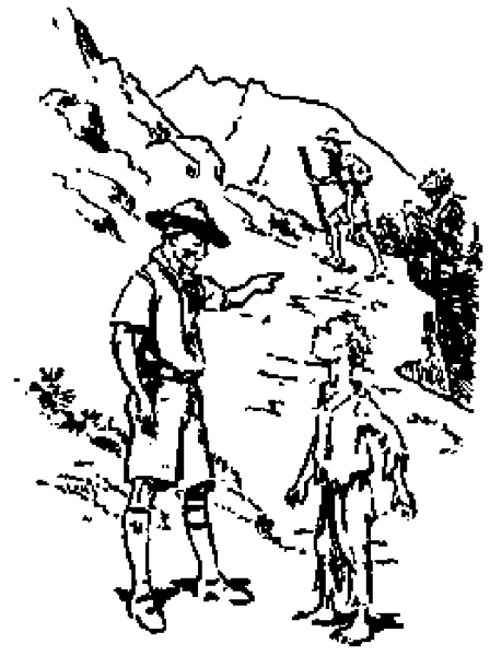 Un Jefe de Tropa señala a un muchacho un sendero que sube por la montaña