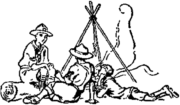 Unos scouts descansan junto al fuego delante de una tienda india