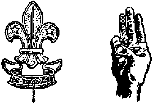 La insignia scout con la cinta del lema y una mano haciendo la seña scout