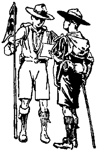 Dos scouts con bordón, uno de ellos con el banderín de Patrulla