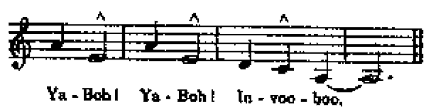 Partitura del coro del Eengonyama: «Ya-boh! Ya-boh! In-voo-boo»