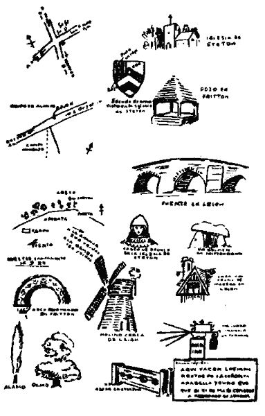Página de un diario con croquis de caminos, puentes, edificios y molinos