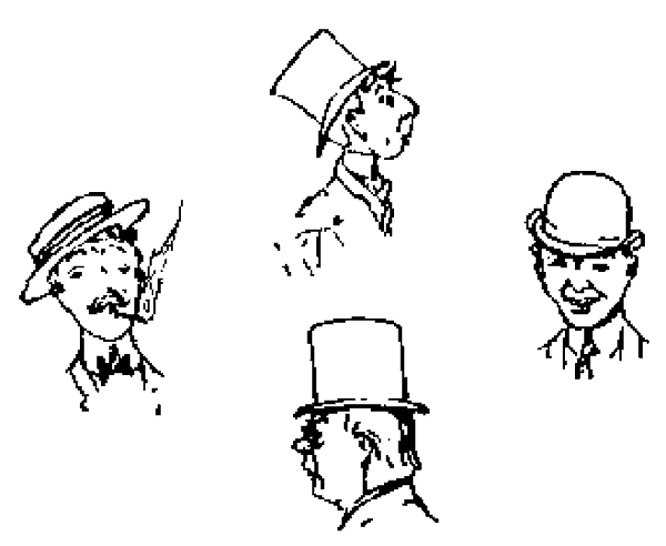 Cuatro hombres con sombreros distintos llevados de diferente manera