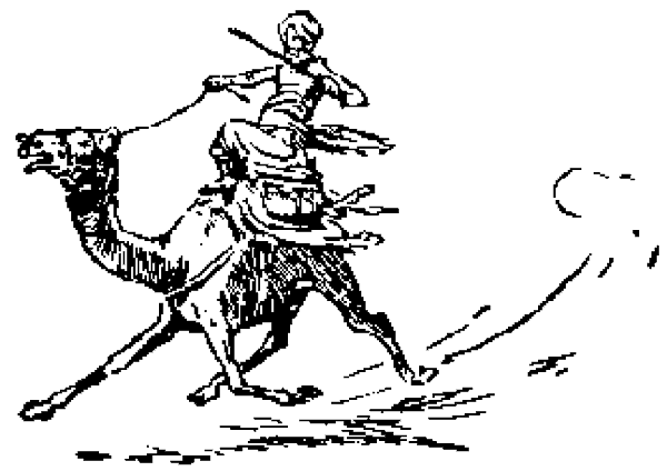 Un hombre cabalga deprisa sobre un camello por el desierto