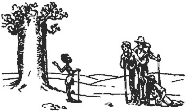 Una niña señala un árbol a un grupo de exploradores agotados