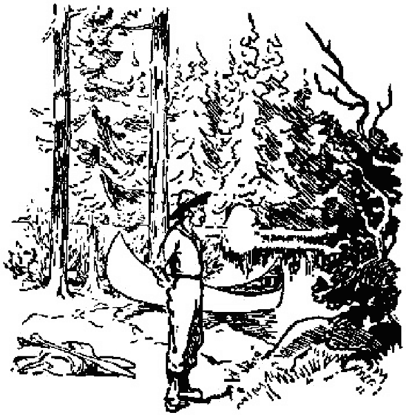 Un hombre del monte junto a una canoa en un bosque espeso