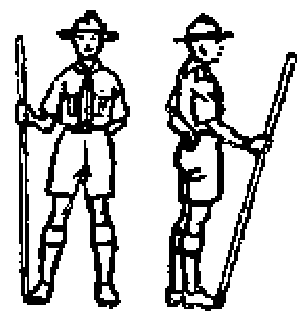 Dos scouts de pie con el bordón, de frente y de perfil