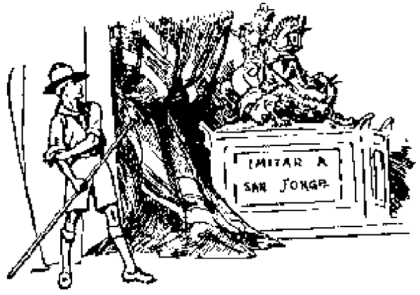 Un scout con su bordón ante un monumento a san Jorge con la inscripción «Imitar a san Jorge»