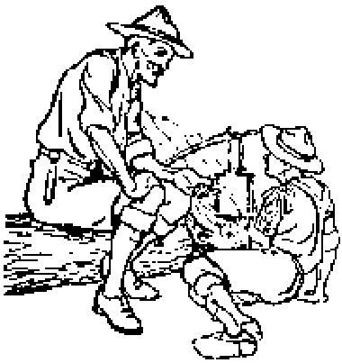 Un Jefe de Tropa, sentado en un tronco, conversa con un scout sentado a sus pies