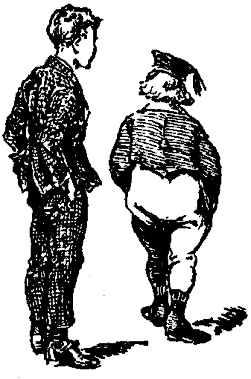 Dos muchachos vestidos para una comedia escolar, uno de traje y otro con pantalón bombacho