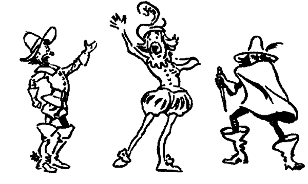Tres actores con trajes de época en distintas poses teatrales