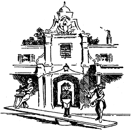 Tres personajes ante la puerta de un castillo: uno dentro de la casa, otro fuera y un sargento en medio, sobre una tabla en equilibrio