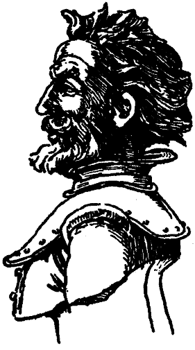 Busto de un hombre barbudo con armadura, de perfil