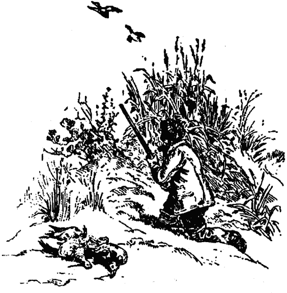 Un cazador escondido entre los matorrales con la escopeta, junto a las piezas cobradas
