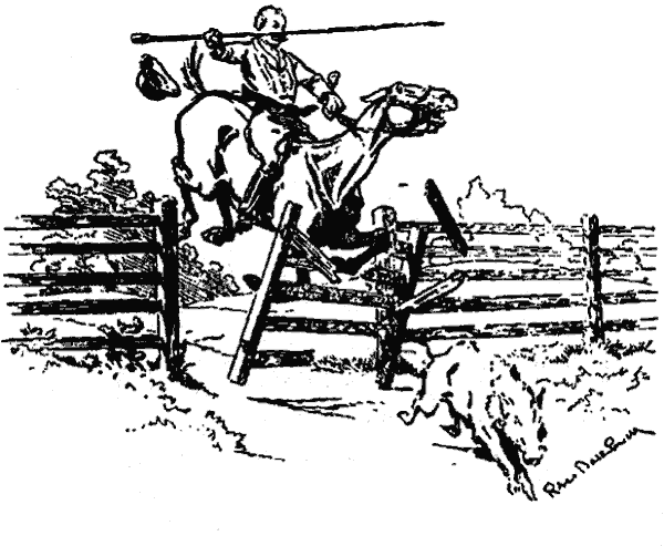 Un jinete con lanza salta una puerta de madera que se abre bajo las patas del caballo, mientras un jabalí huye