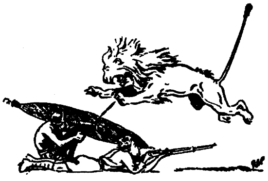 Un hombre agazapado bajo un escudo dispara a un león que salta sobre él