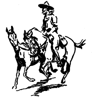 Un jinete con sombrero de ala ancha monta un caballo y lleva otro del ramal