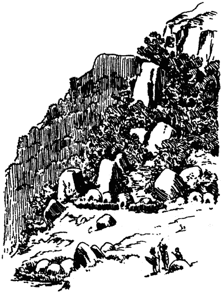 Ladera de peñascos y matorrales con unas figuras al pie