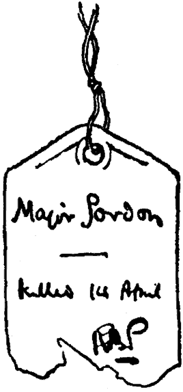 Etiqueta de papel con la inscripción manuscrita «Major Gordon, killed 14 April»