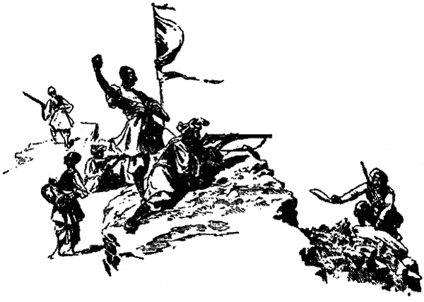 Guerreros armados con espadas y fusiles avanzan por una cresta rocosa