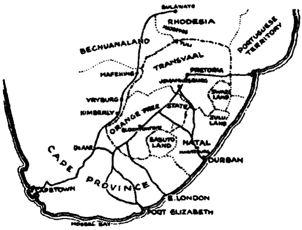Mapa del sur de África con el Transvaal, el Estado Libre de Orange, Bechuanaland, Rodesia y la colonia del Cabo