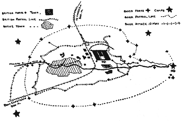 Plano de Mafeking con los fuertes británicos, los fuertes y campamentos bóeres y las líneas de patrulla
