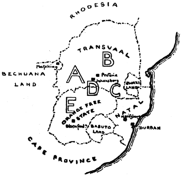 Mapa con las divisiones A, B, C, D y E de la Policía de Sudáfrica