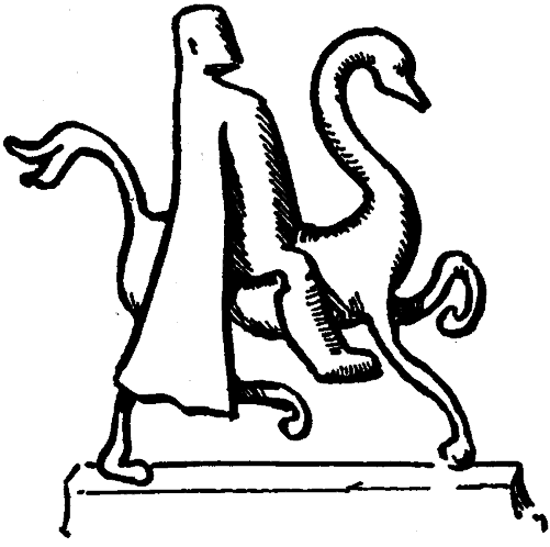 Caricatura de estatua ecuestre: una figura alargada sobre un caballo con cuello de cisne
