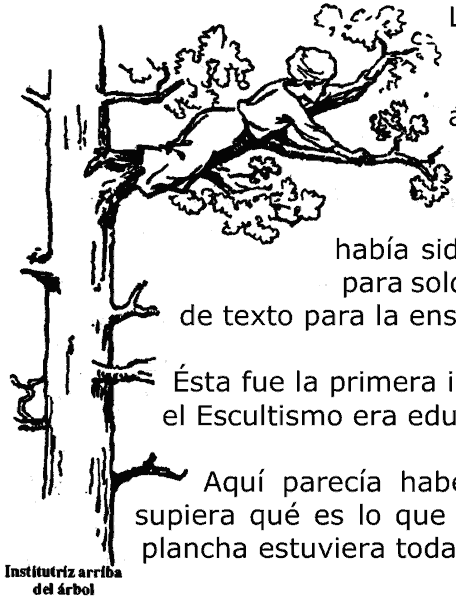 Una institutriz y un niño encaramados a las ramas de un árbol