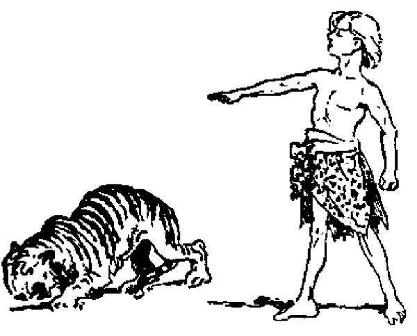 Mowgli señala con el brazo extendido a Shere Khan, que se encoge a sus pies