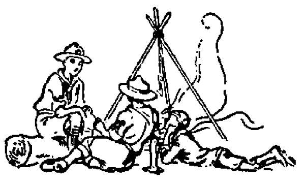 Tres scouts descansan junto a una hoguera con un trípode