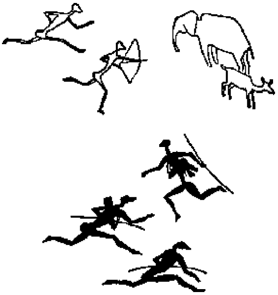 Pinturas rupestres: figuras de cazadores que corren y disparan flechas, y animales