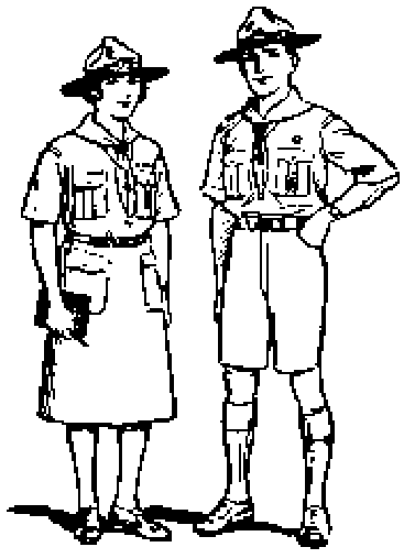 Una jefa y un jefe scouts, de uniforme y con sombrero de ala ancha