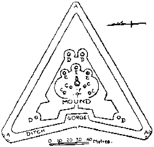 Plano de un fuerte triangular, con foso, gola y un montículo central, y las posiciones de las armas señaladas con letras