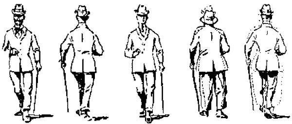 Cinco figuras del mismo hombre con sombrero y bastón, unas de frente y otras de espaldas