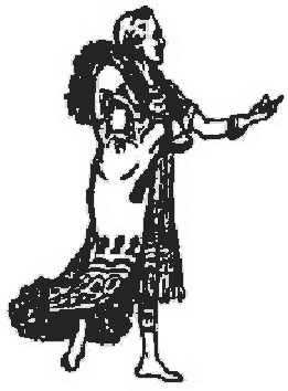 Pocahontas, con un manto de plumas, tiende la mano en actitud de súplica