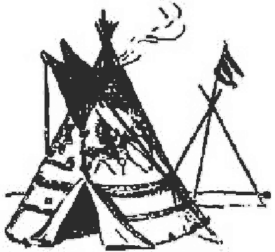 Un tipi decorado con las alas de humo abiertas y una vara con banderola al lado