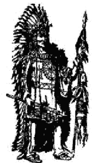 Powhatan de pie, con penacho de plumas, capa y lanza