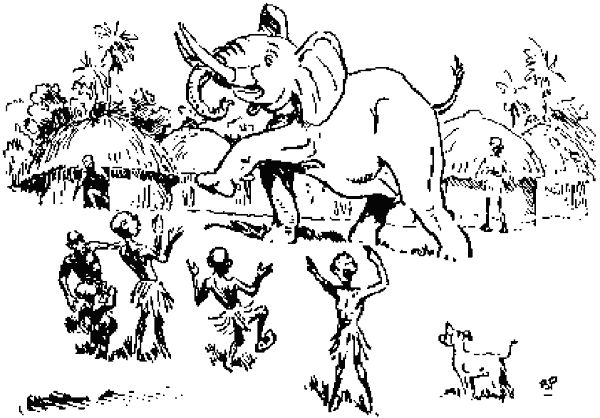 Un elefante juguetón entre las chozas de un poblado, rodeado de niños